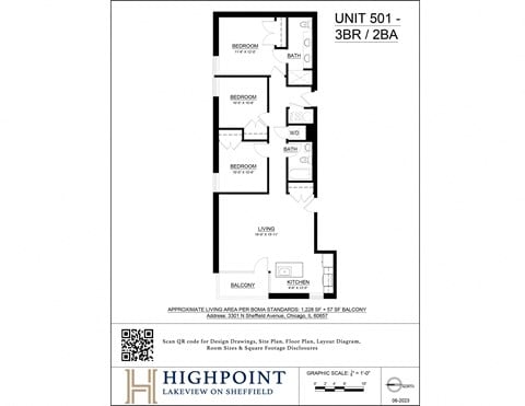 Floor plan for 3 beds, 2 baths, 1228 sqft